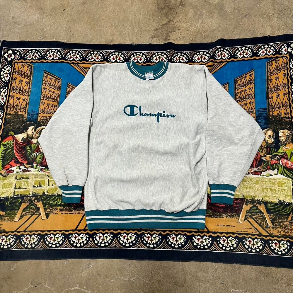Champion Men's Grey and Blue Sweatshirt Reverse Weave Made In Usa Ringer vintage